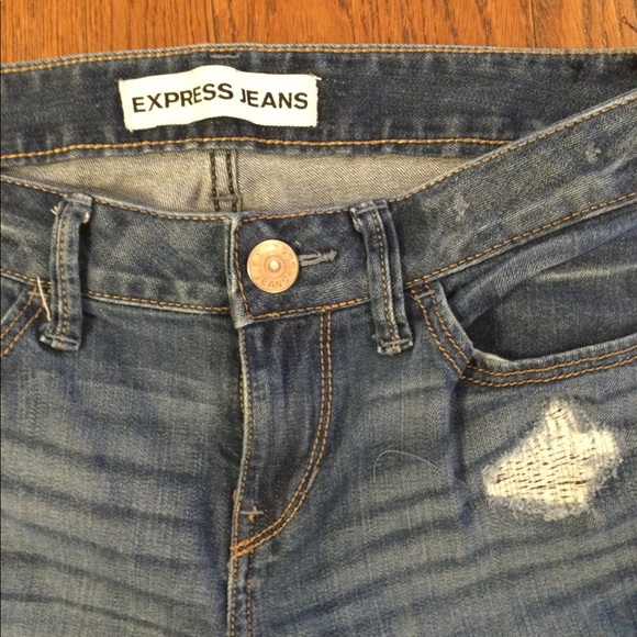 Express Boyfriend low rise skinny jeans in medium blue. - Picture 2 of 4